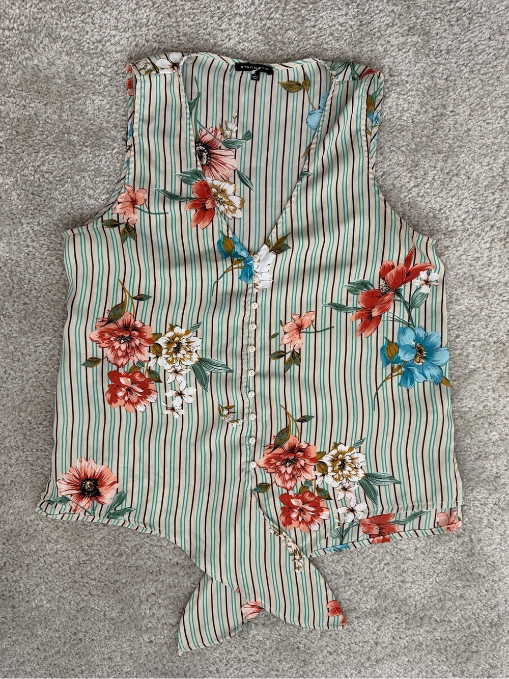 Staccato Striped Floral Tie Front V-Neck Blouse Tank Top Large Sleeveless